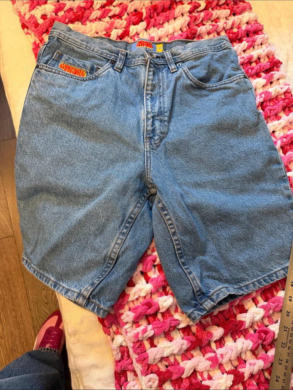 Empyre Light Blue Denim Men's Shorts with Orange Logo Patch
